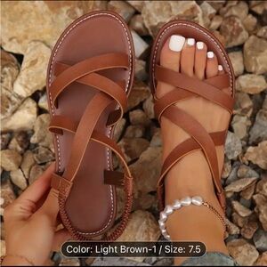 Brown Leather Flat Sandals with Ankle Strap